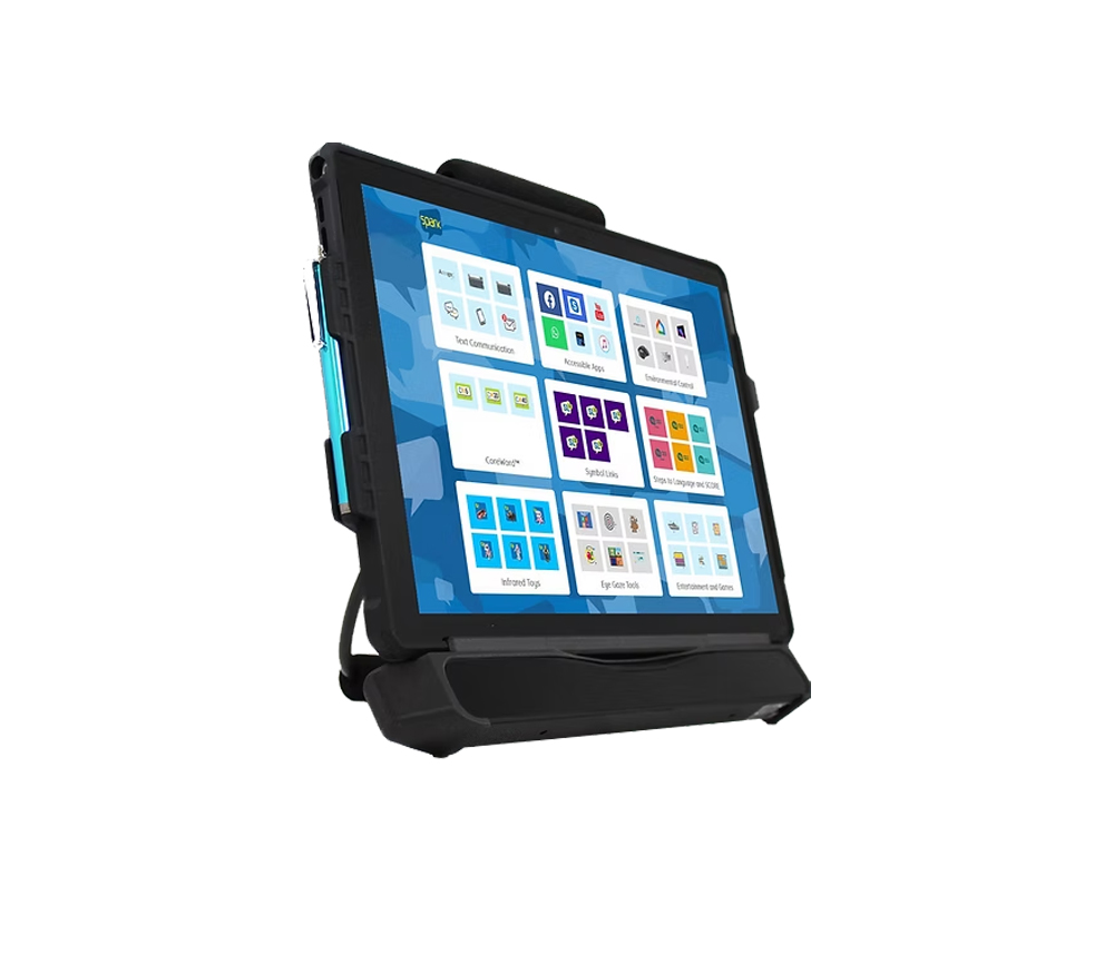 A black tablet with a blue-themed Mind Express interface displaying colorful icons and buttons, mounted on a black stand against a white background.