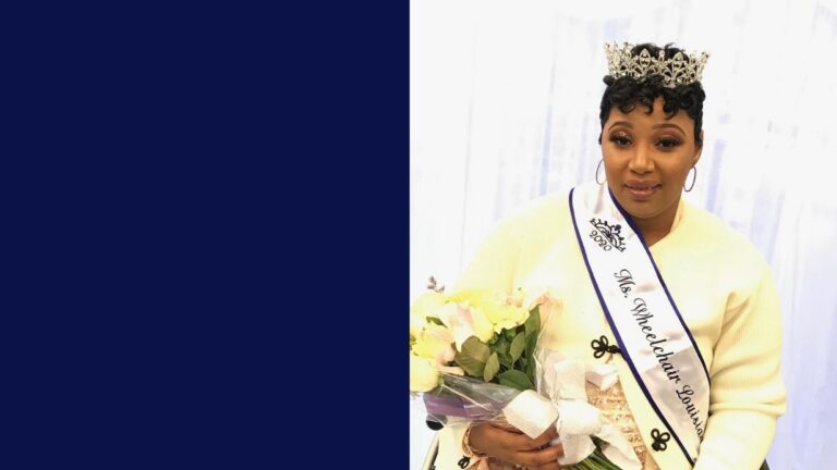 A woman wearing a crown and a sash that reads Ms. Wheelchair Louisiana sits against a white background, holding a bouquet of flowers and smiling slightly, representing Tamaras Story.