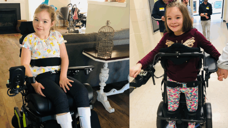 Zoeys Story shines in these photos: a young girl with brown hair sits in a motorized wheelchair at home and stands, smiling, in a gait trainer in the hallway. She wears colorful clothes in both images.