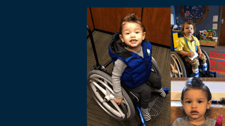 Zander, a young child with brown hair, uses a wheelchair in one photo, plays while sitting in another, and looks at the camera in a close-up. Wearing comfortable clothing and a cheerful expression, Zander shares his story through these moments.