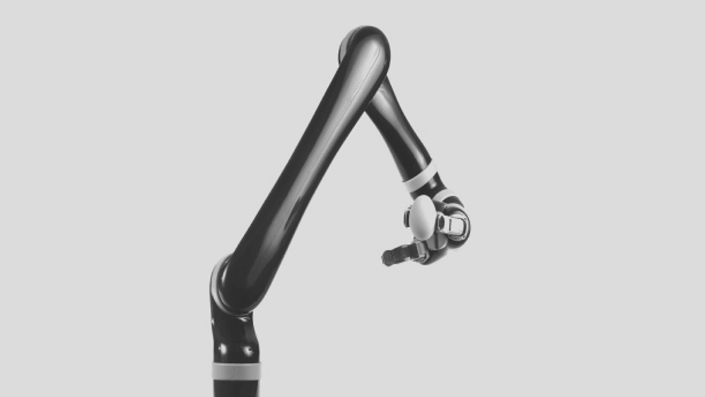 A sleek, black robotic arm with a gripping hand attachment is extended against a plain, light gray background, showcasing its versatility for Specialty Products and Additional Products.