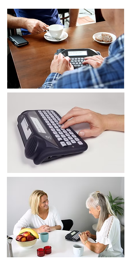 A collage of three images shows people using the Lightwriter SL50 communication device from Abilia in various settings, including at a café and during a conversation at a table with fruit and cups.