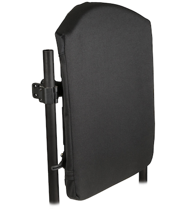 A black pediatric wheelchair backrest with a cushioned cover, designed for optimal seating and positioning, mounted on two vertical metal support bars and shown against a white background.