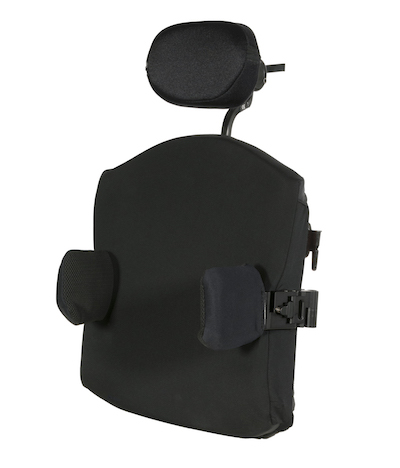 Black ergonomic wheelchair backrest with padded lateral supports and an adjustable headrest, designed to provide comfort and proper posture support for pediatric wheelchair users and optimal seating and positioning.