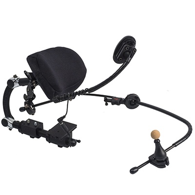 A black adaptive headrest and joystick system designed for wheelchairs, featuring adjustable padded head support and flexible control arms for pediatric users needing alternative access and comfort.