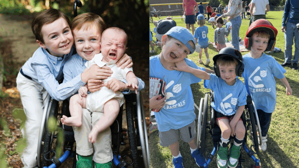 Two photos side by side: On the left, two smiling boys hug a baby who is crying, all seated together. On the right, three young boys in blue shirts pose outdoors—two standing, one sitting—with Elliotts Story shining through their connection.