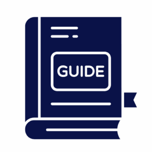 Dark blue icon of a closed book with a ribbon bookmark. The cover features a rectangular label with the word GUIDE in bold letters. The book, shown slightly angled with minimalistic lines, suggests tips for Repair or In-Shop Service.