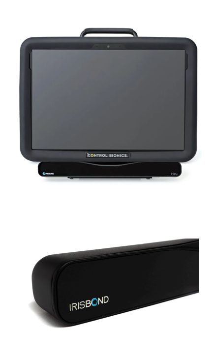 A black touchscreen device labeled Control Bionics with a camera bar below it, and a close-up of an IRISBOND device, both innovative assistive technology tools featuring cutting-edge communication solutions.