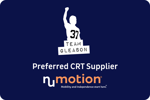 A Team Gleason logo with a silhouette of a person raising a fist and the number 37, above the text Preferred CRT Supplier and the NuMotion logo with the tagline Mobility and independence start here, on a dark blue background.