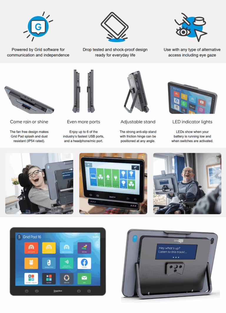 An assistive communication device with a touchscreen, adjustable stand, and multiple ports, shown in use by people in wheelchairs. Features include Grid software, robust design, LED lights, and alternative access methods for flexibility.