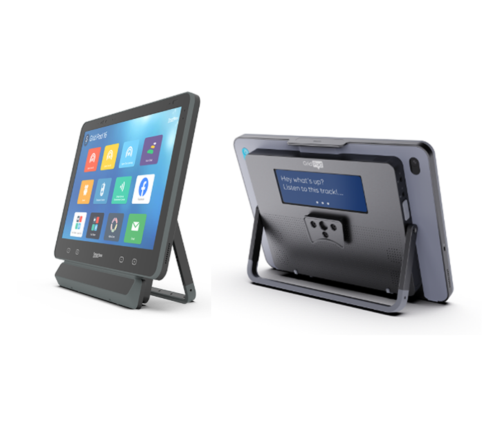 Two views of a touchscreen communication device with a stand: the front displays colorful app icons, while the back shows a message screen and speaker grill, underscoring the devices assistive technology features.