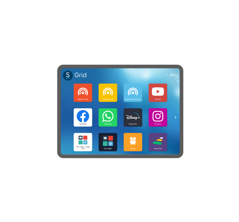 A tablet screen displays a grid of colorful app icons, including YouTube, Facebook, WhatsApp, Disney+, Instagram, and other entertainment apps on a blue background, powered by Smartbox Grid.
