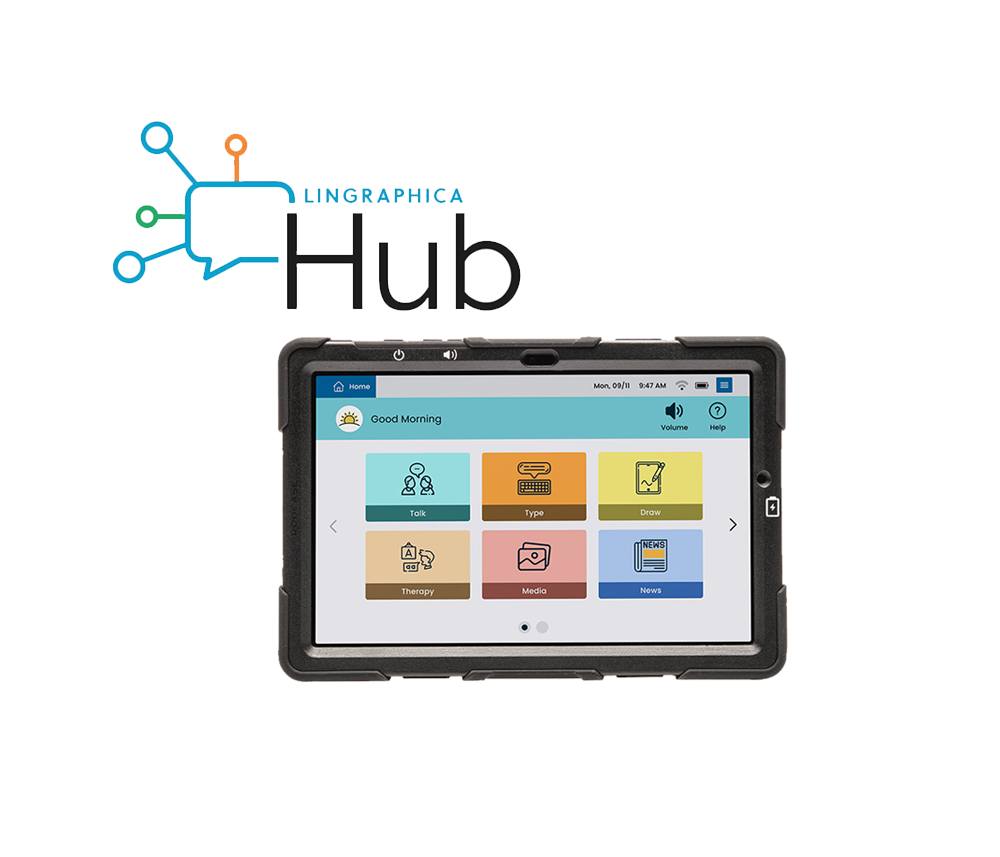 A tablet displaying the Lingraphica Hub app interface, featuring colorful icons and text under the Lingraphica Hub logo with interconnected dots and a speech bubble. Ideal for users of communication devices seeking effective interaction.