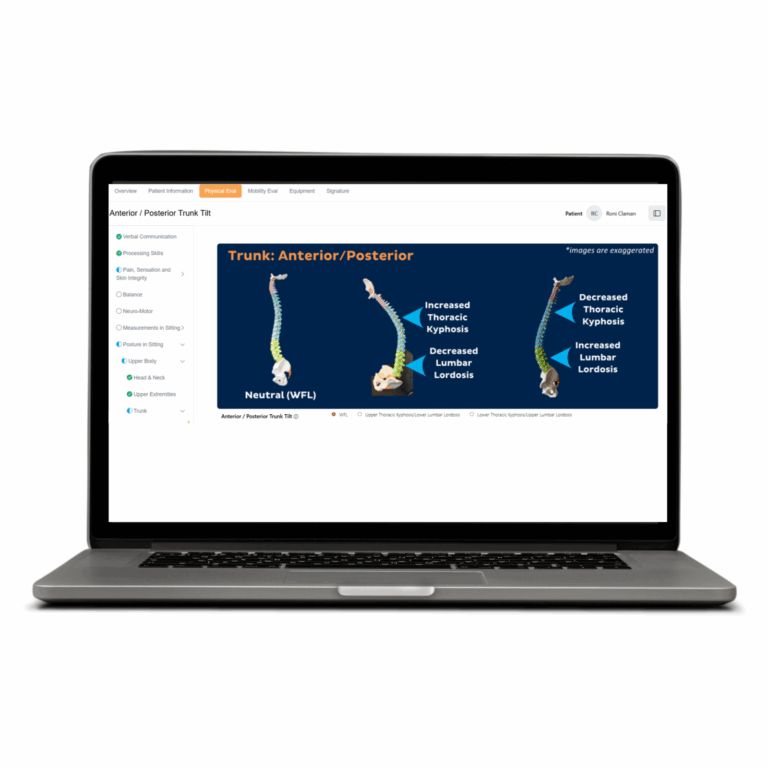 A laptop displays the LMN Navigator interface with a medical diagram of three human spines: neutral, increased thoracic kyphosis with decreased lumbar lordosis, and decreased thoracic kyphosis with increased lumbar lordosis.