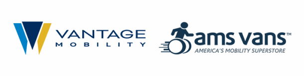 Logos of Vantage Mobility and AMS Vans. Vantage Mobility’s logo features a stylized V in blue and gold, while AMS Vans’ logo includes a figure in a wheelchair and the tagline America’s Mobility Superstore, both leaders in wheelchair accessible vehicles.