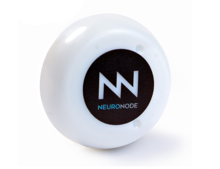 A round, white communication device with a black circular label displaying the word NEURONODE and a stylized NN logo in white, set against a plain background—part of the innovative NeuroNode Duo assistive technology.