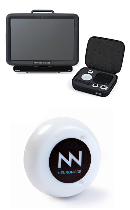 A touchscreen communication device, a portable case with electronic controls, and the round white NeuroNode Trilogy are displayed against a white background.
