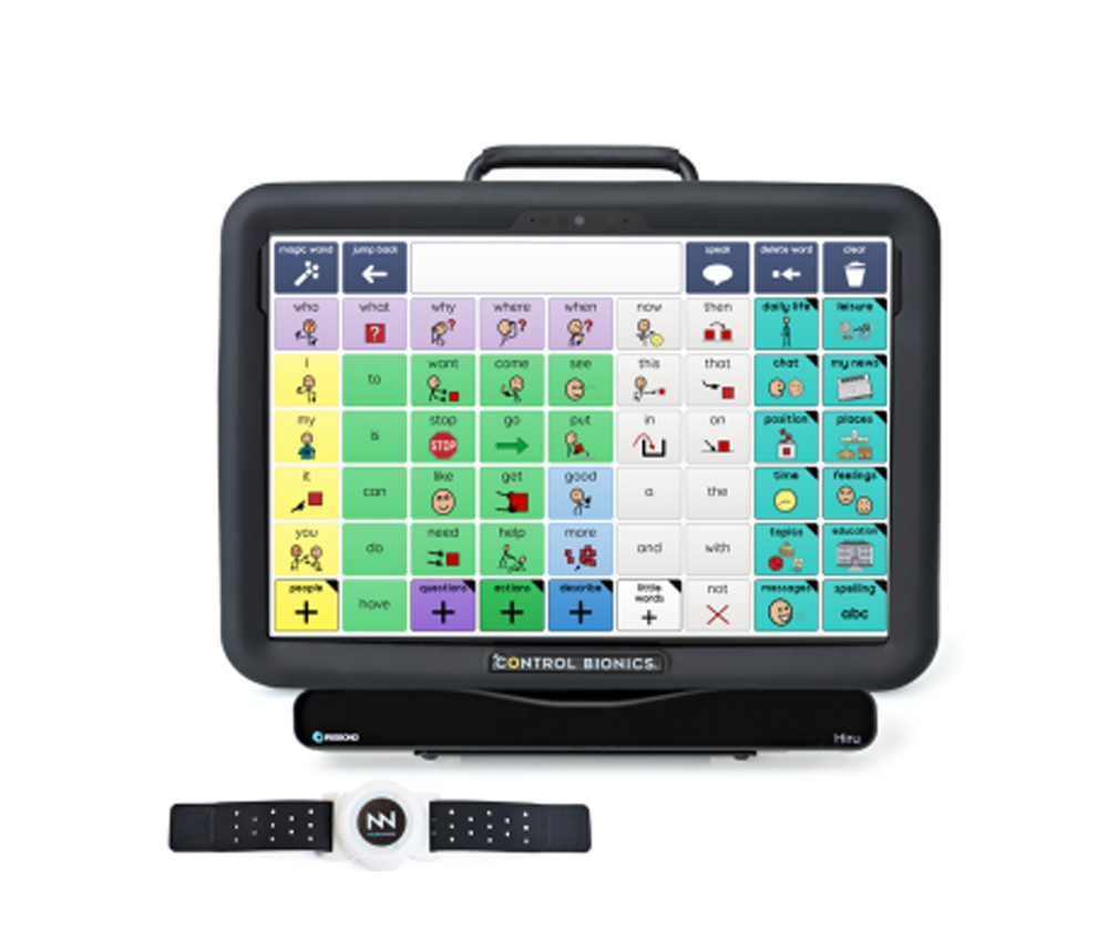 A touchscreen communication device with colorful symbol buttons displays words and phrases, accompanied by a wearable black sensor band labeled NN. The screen is labeled Control Bionics NeuroNode Trilogy.