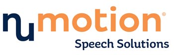 Logo for NuMotion Speech Solutions. The word numotion appears, with nu in dark blue and motion in orange. Below, Speech Solutions is written in dark blue, reflecting accessibility and innovation.