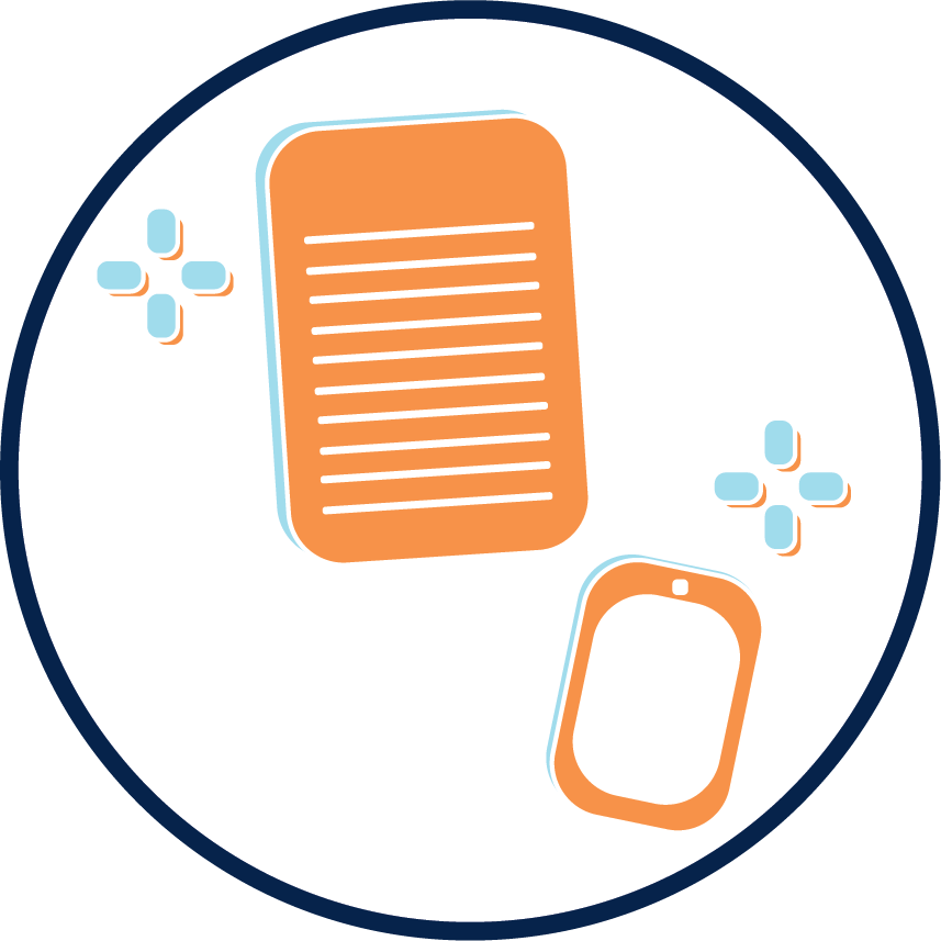 An illustration of an orange sheet of paper with lines and a smartphone, both outlined in blue, surrounded by blue and orange geometric shapes on a white circular background.