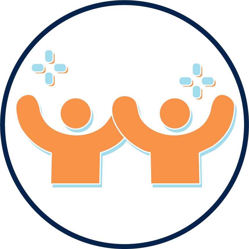 Two simple orange human figures with raised arms stand side by side inside a blue-outlined circle. Blue sparkles appear near their heads, suggesting celebration, support, or joy.
