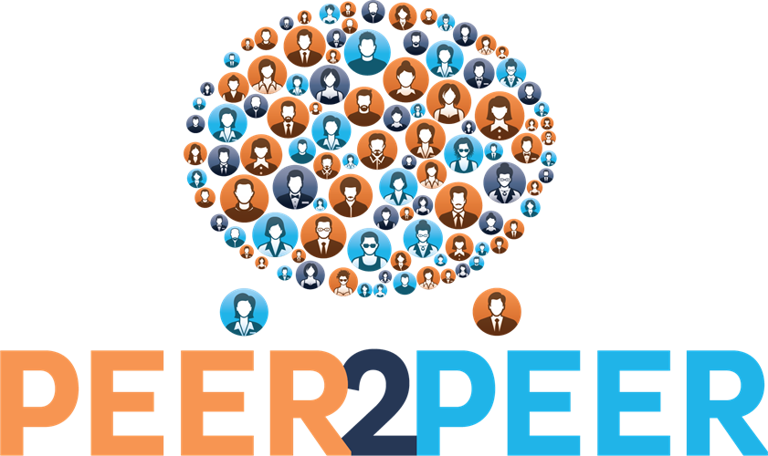 A speech bubble formed by illustrated icons of people in orange and blue, symbolizing networking and collaboration, appears above the text PEER2PEER written in bold orange and blue letters.