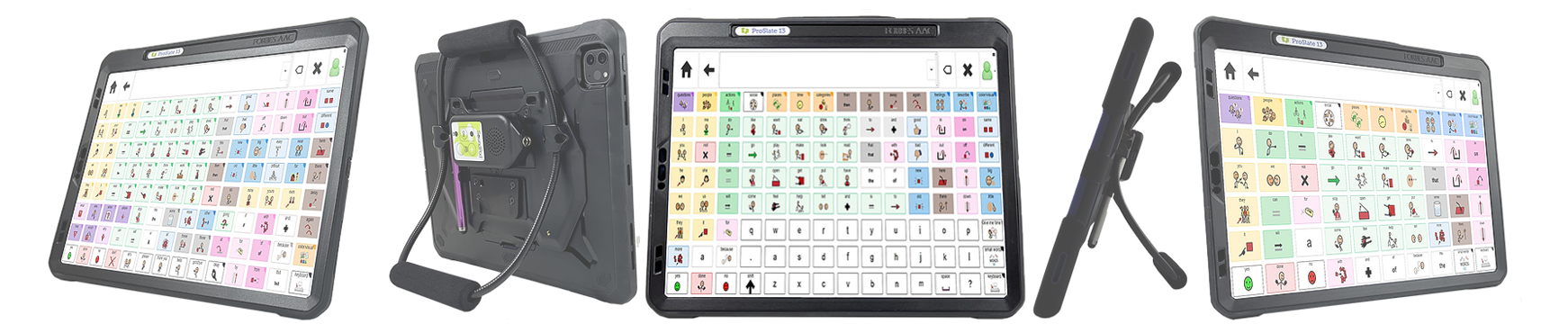 Four views of the ProSlate 13D tablet device with a touch screen displaying a colorful communication board with symbols and text, featuring a rugged black case and an attached strap for easy carrying or support.