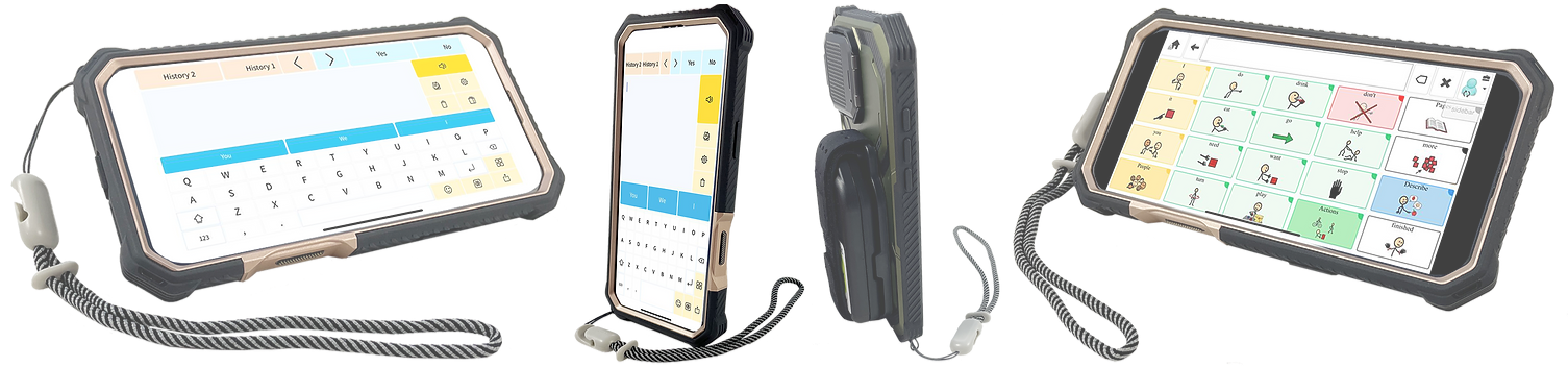 Four views of a rugged medical tablet with a touchscreen display, featuring various communication and keyboard apps. The device has a sturdy black case, attached hand strap, and is shown from multiple angles.