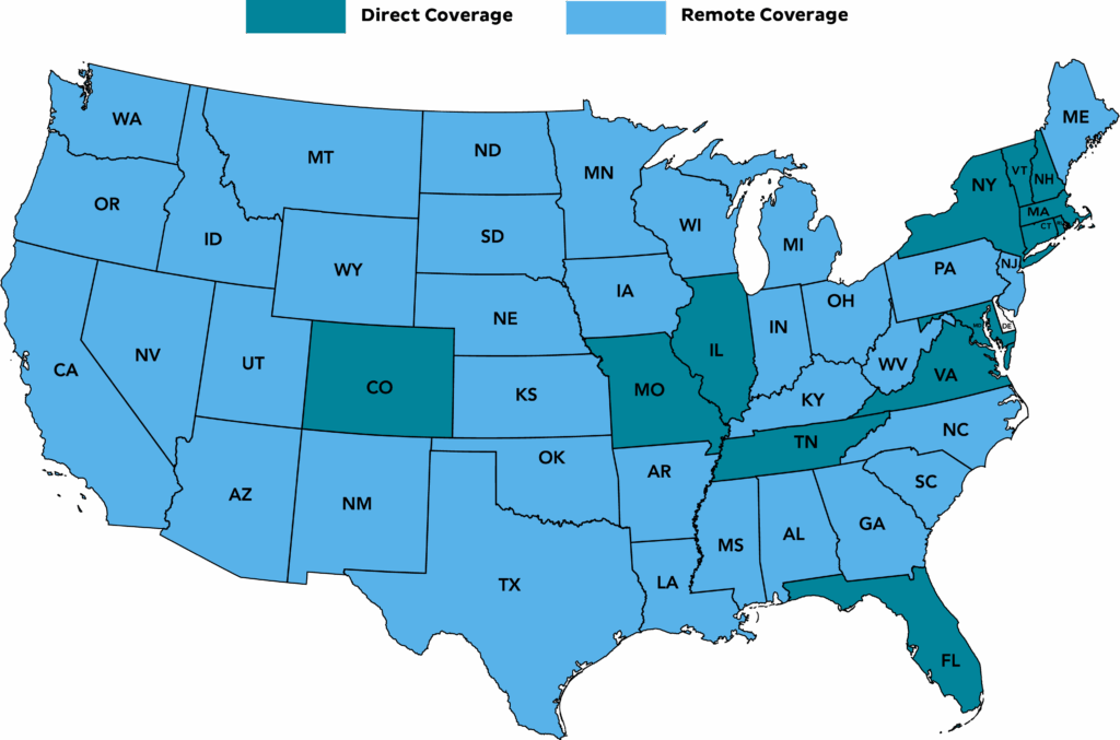 United States map showing the coverage areas of Numotion Speech Solutions team