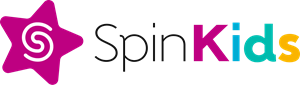 Logo for SpinKids featuring a magenta star with a white spiral inside, symbolizing creativity, next to the words “SpinKids.” “Spin” is in black and “Kids” appears in bold pink, teal, and yellow letters.