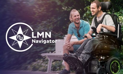 Two men talk and laugh on a park bench; one uses a powered wheelchair. The LMN Navigator logo with a compass symbol appears on the left side of the image.