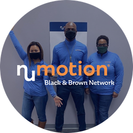 Three people wearing blue shirts and black masks stand in front of a gray wall. The text Numotion Black & Brown Network is overlaid, highlighting workplace diversity and the impact of Employee Resource Groups (ERG).