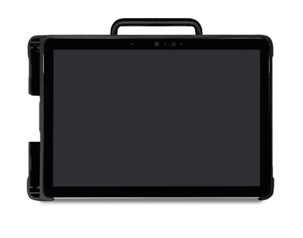 A black tablet computer with a protective case and a handle is displayed on a white background. The screen is dark, and the front camera is clearly visible at the top center of the device.