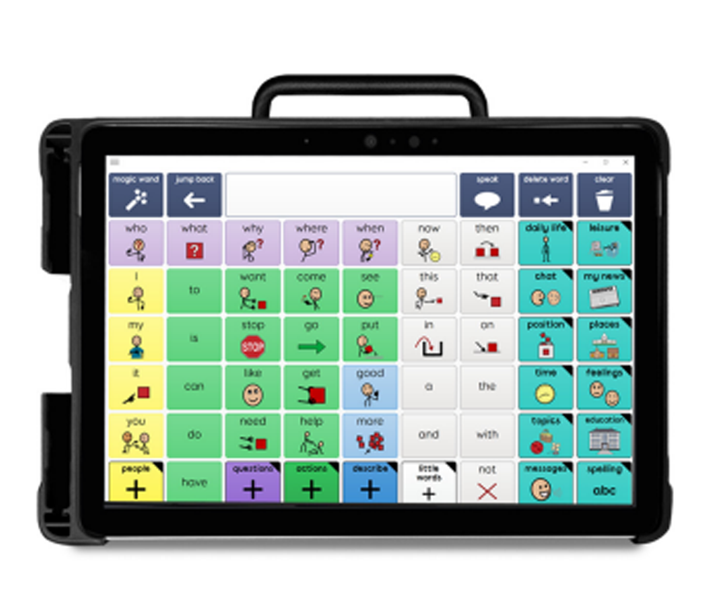 A tablet displaying an AAC communication app with colorful buttons, each showing words, phrases, and symbols to assist users in constructing sentences.