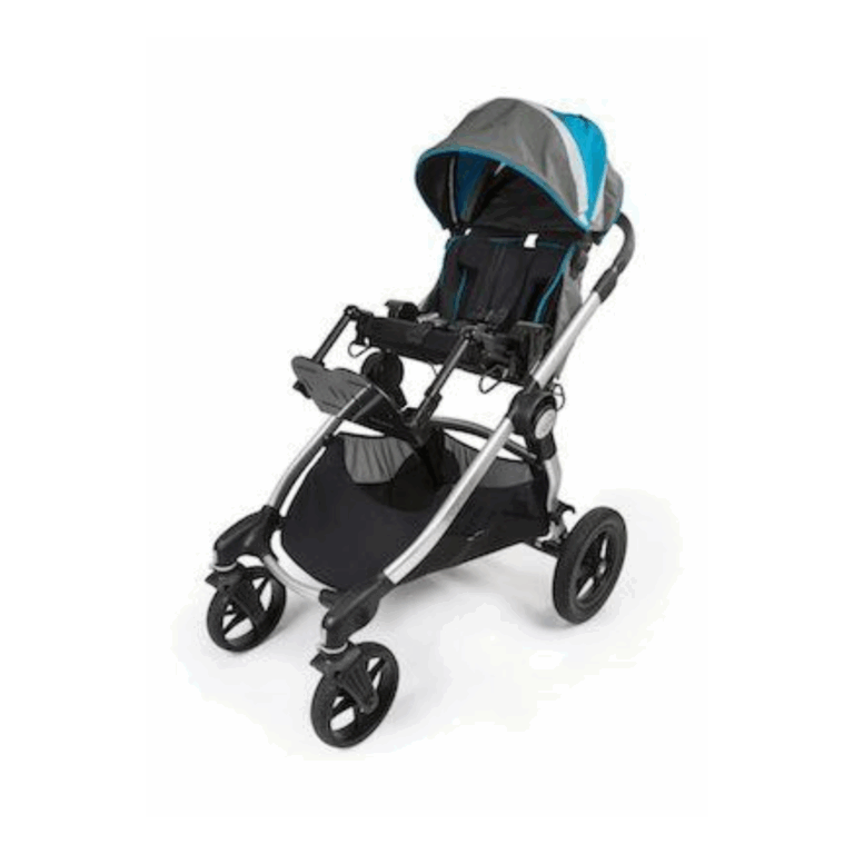 A modern baby stroller with black and blue fabric, a canopy, four wheels, storage basket underneath, and a front tray for convenience, shown against a white background.