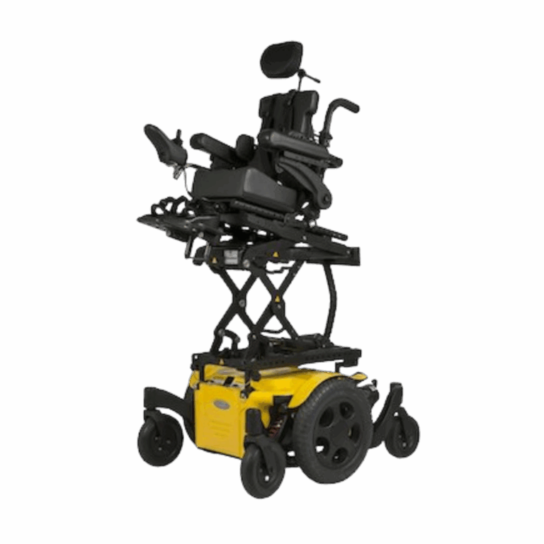 A modern power wheelchair with a yellow base and black seat, featuring Power Seat Elevators, adjustable leg rests, headrest, armrests, and an elevated seat supported by a scissor lift mechanism.