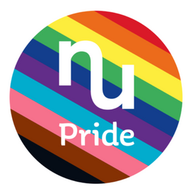 A circular icon featuring “nu Pride” in white text over diagonal stripes in rainbow, pink, blue, brown, and black—reflecting the Progress Pride flag and symbolizing Employee Resource Groups.