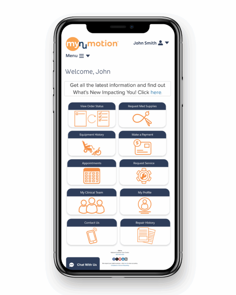 A smartphone displays the myNumotion app home screen, showing user options like order status, payment, appointments, service requests, clinical team, supplies, and profile with orange and blue icons on a white background.