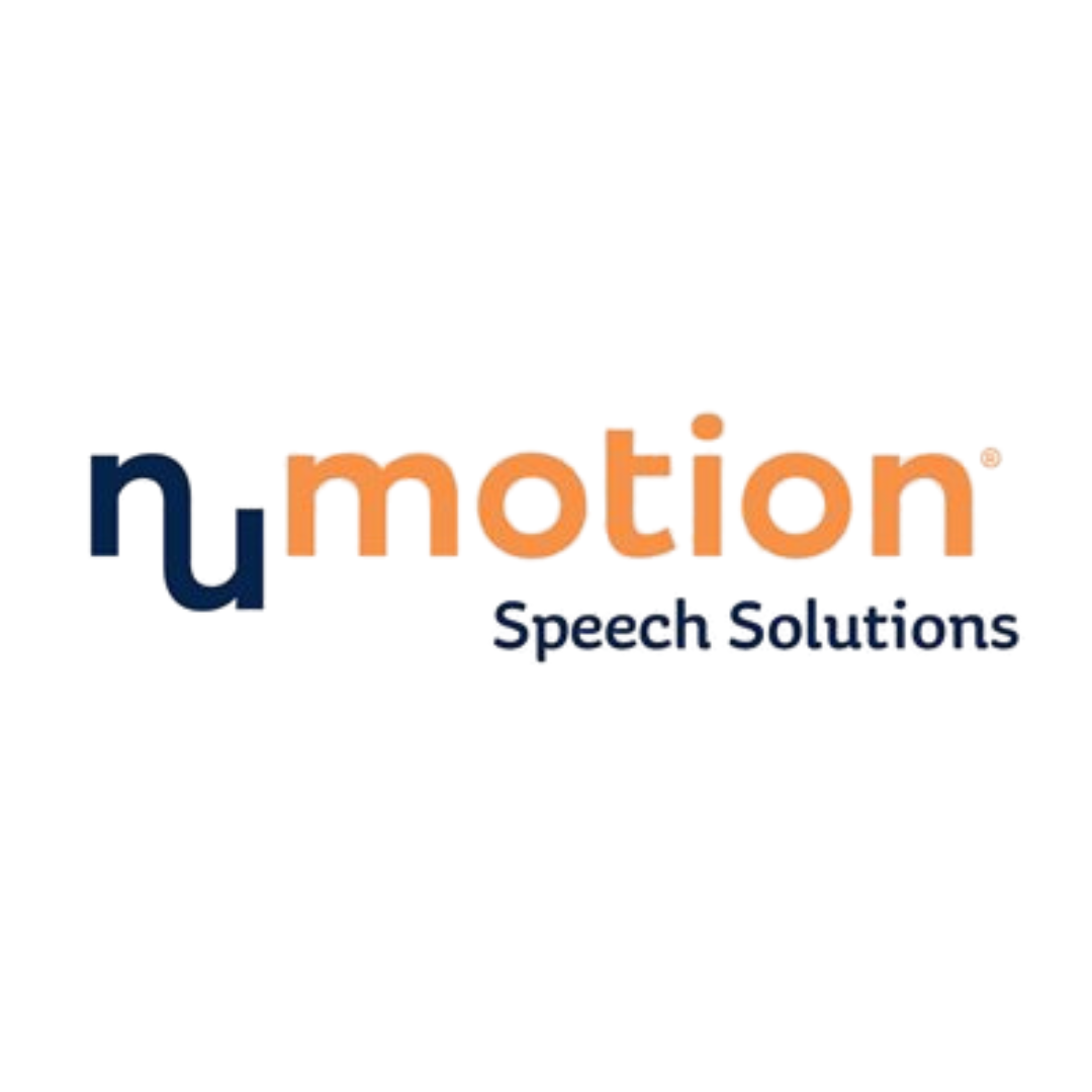 Logo for Numotion Speech Solutions featuring “nu” in dark blue lowercase letters, “motion” in orange, and “Speech Solutions” in dark blue below on a white background. Ideal for innovative speech solutions branding.