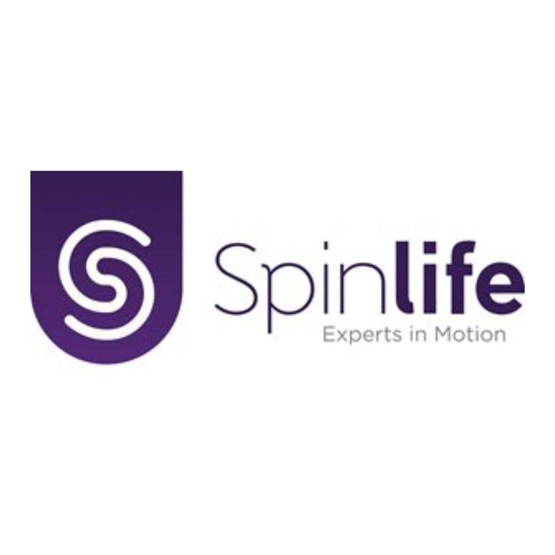 Spinlife logo with a stylized S in a purple shield on the left and the words Spinlife Experts in Motion in purple on the right, representing trusted mobility solutions.