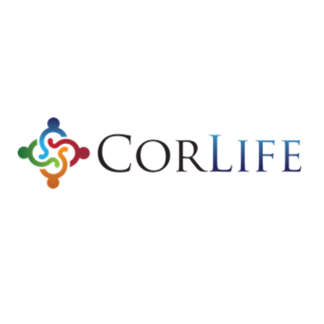 CorLife logo with four abstract, interconnected human figures in blue, green, orange, and red forming a circular shape to the left of the word CorLife in bold black and blue gradient text, symbolizing unity and inclusivity.