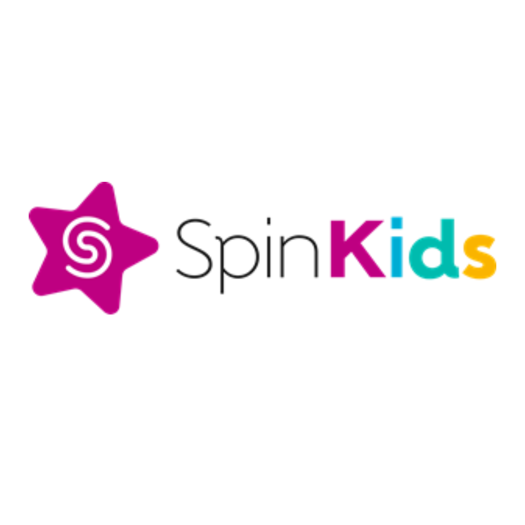 Logo for SpinKids features a playful pink star with a white swirl on the left and the word SpinKids in black, pink, teal, and yellow letters on a white background, adding a vibrant touch to childrens branding.