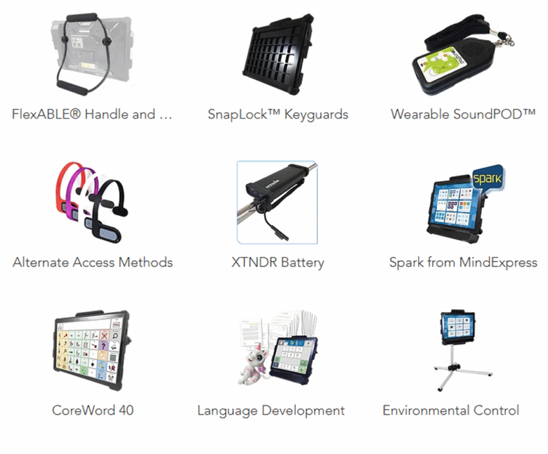 A grid showing nine assistive technology devices, such as the WinSlate 12D, tablet holders, wearable sound systems, communication boards, switches, and tablet-based language tools—each with a small product image and name underneath.
