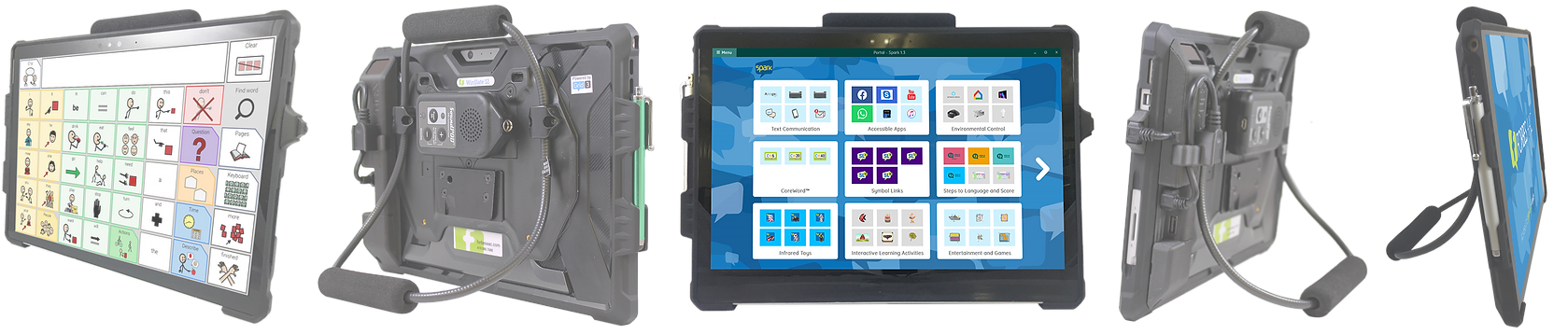 A rugged WinSlate 12D tablet with a handle and stand, shown from multiple angles, displaying colorful communication symbol grids on its screen, used as an augmentative and alternative communication (AAC) device.