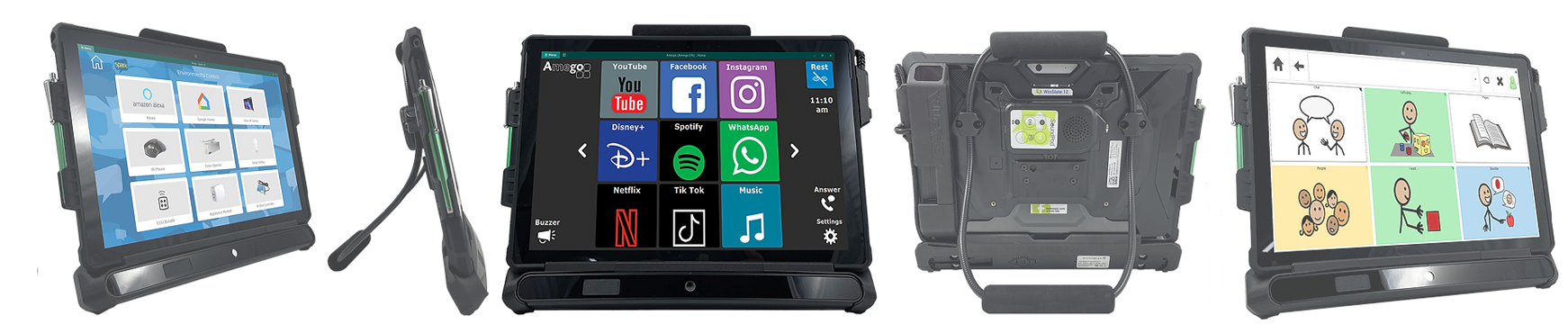 Four angled views of a rugged WinSlate assistive communication tablet, displaying large app icons, communication symbols, a detachable microphone, and sturdy casing with a handle.