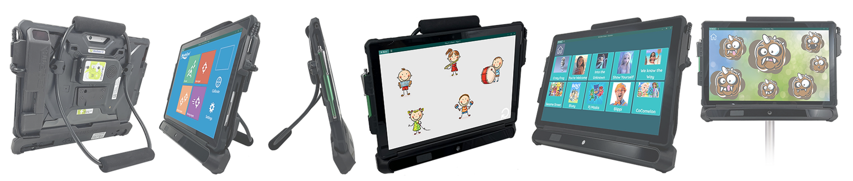 Five rugged WinSlate for Kids tablets shown from different angles; screens display colorful communication apps with icons, illustrated characters, and animated faces for assistive communication. Each device features a durable protective case.