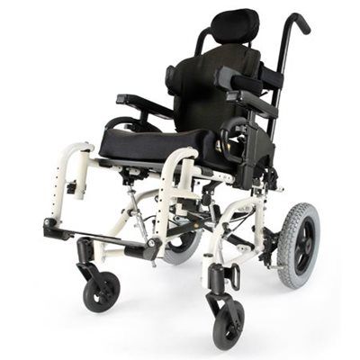 A black and white manual wheelchair with large rear wheels, adjustable footrests, padded seat and backrest, headrest, and armrests, designed for comfort and support. Perfect for those seeking Pediatric Tilt Wheelchairs.