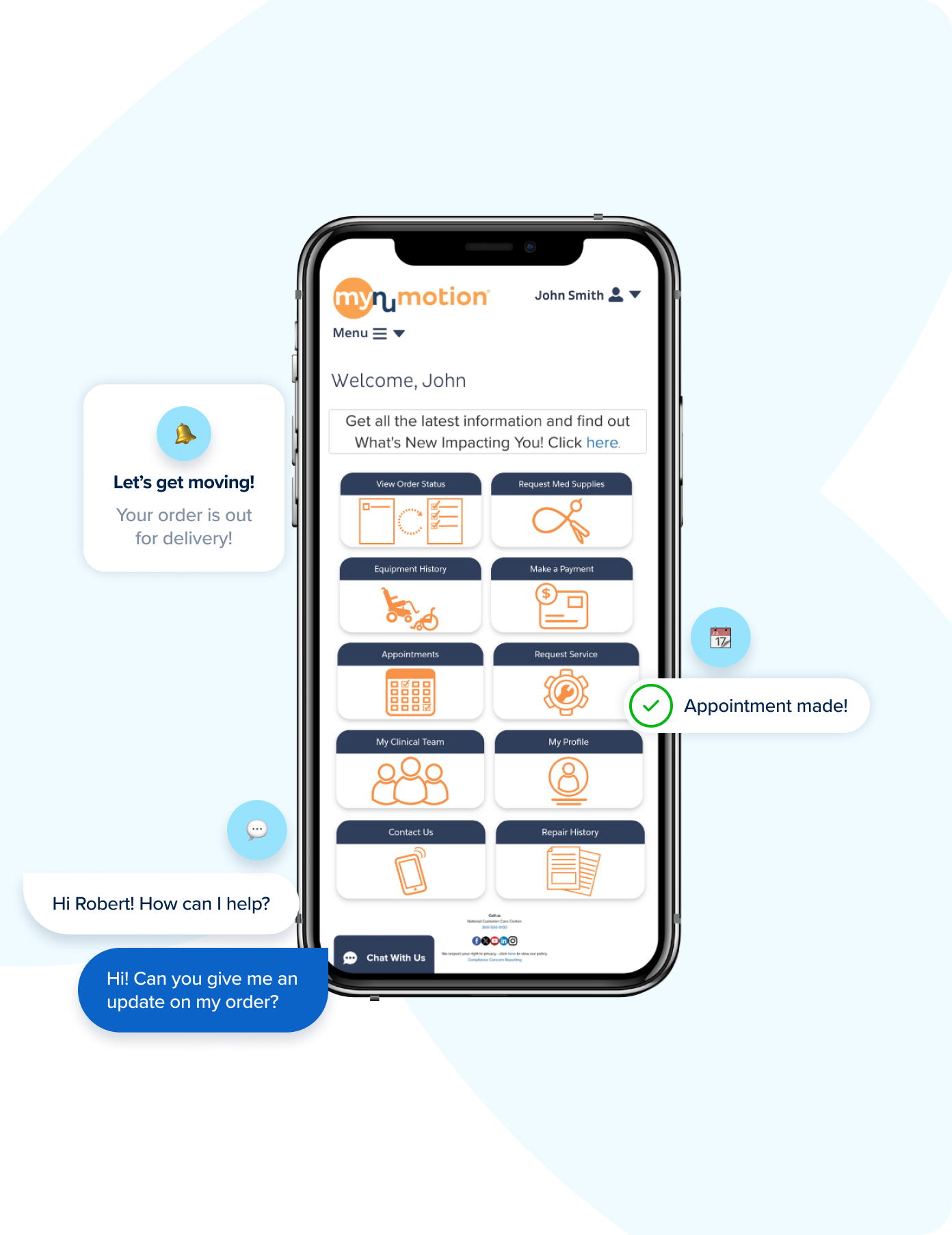 Logged in state of the MyNumotion app along with some informational points on the screen.