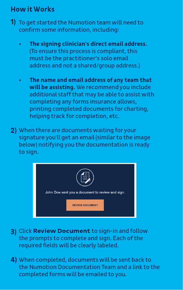 An instructional graphic titled How it Works outlines steps for completing Numotion documentation, including required email addresses, signing instructions, and a sample Review Document email notification for mobility equipment users.