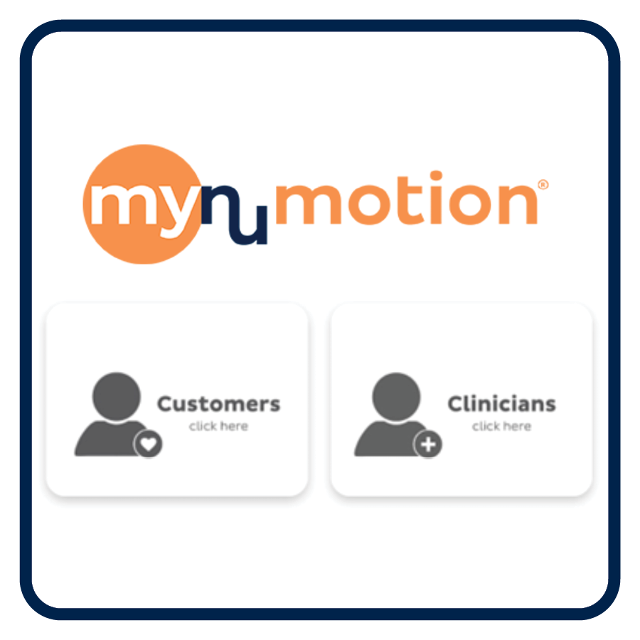MyNumotion logo above two buttons labeled Customers with a person icon and Clinicians with a medical cross icon, both featuring click here text for easy access to the myNumotion app.